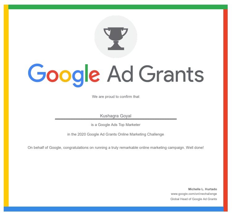 Google Ad Grants certificate confirming Kushagra Goyal as a Google Ads Top Marketer in the 2020 Online Marketing Challenge.